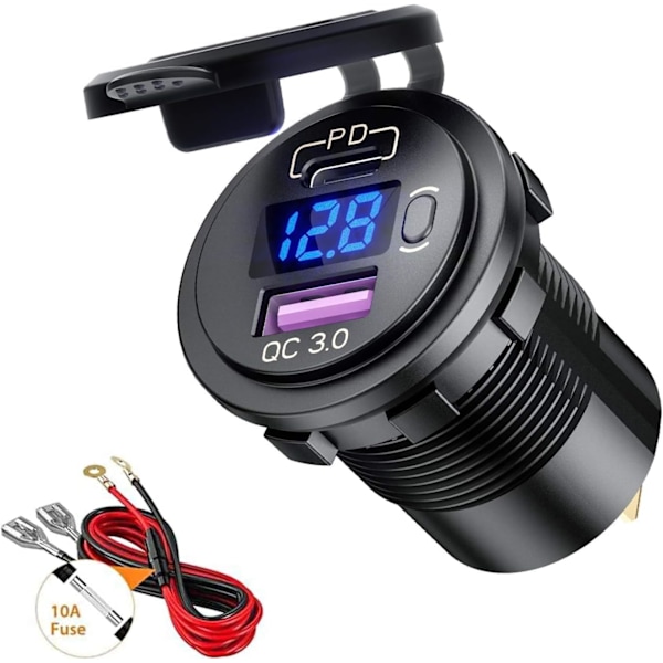Billaddaruttag, Dubbla USB-uttag PD & QC 3.0 Laddaruttag, med LED Digital Voltmeter och Strömbrytare, för 12V/24V Båt Motorcykel Lastbil RV