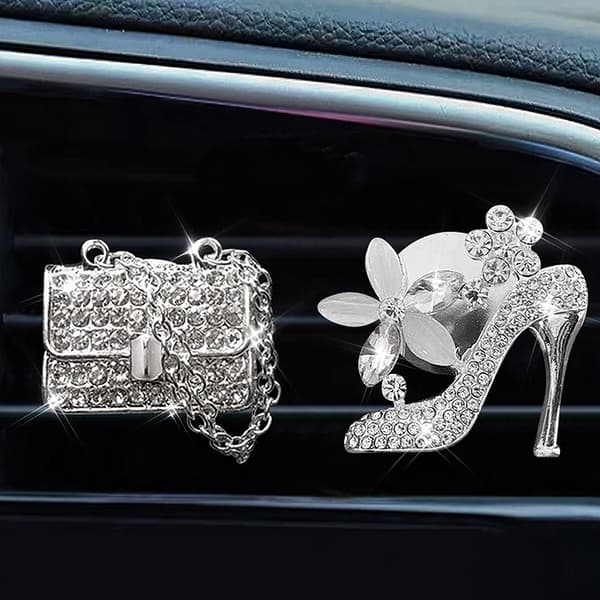 2-pak Bil Luftventil Klips Charms, Krystal Bil Diffuser Ventil Klips, Rhinestone Olie Diffuser Ventil Klips, Bilfriskere til Kvinder (Håndtaske & Høj Hæl)