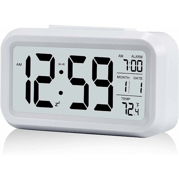Digital Väckarklocka, Batteridriven Tyst Digital Klocka för Barn Vuxna Stor LED-Display Temperatur Kalender (Vit)