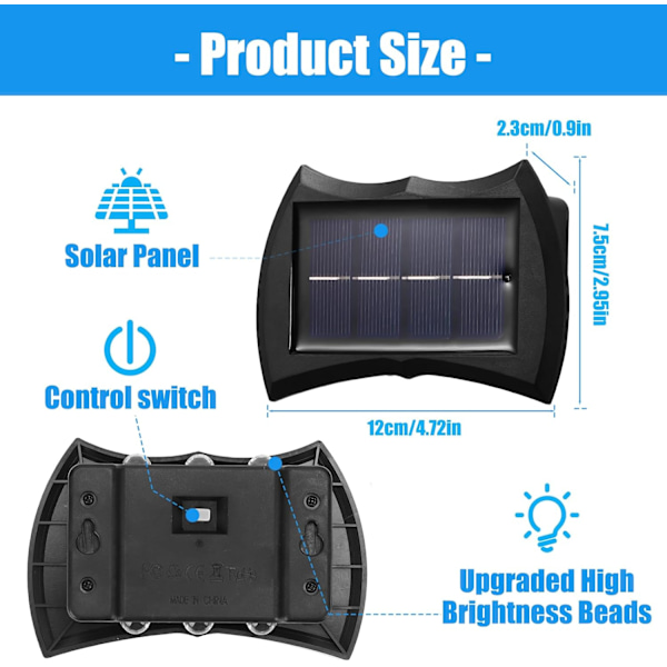 Solcellsvägglampor Utomhus, 4-pack 6 LED Solcellslampor, IP65 Vattentäta Upp och Ner Solcellslampor för Utomhus Staket Gård Uteplats, Varmvitt