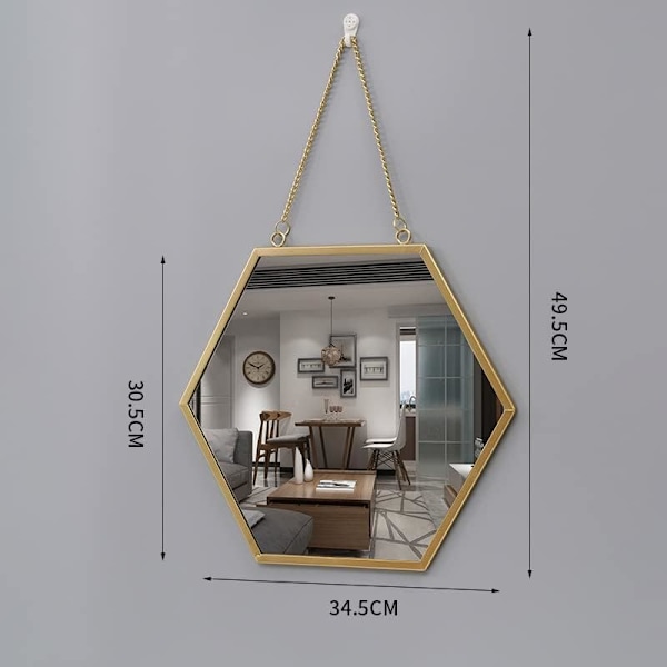 Hexagon Väggspegel Hängande Metallram Dekorativ Spegel med Kedja Sminkspegel för Badrum Vardagsrum Sovrum (L) Hexagonal Mirror