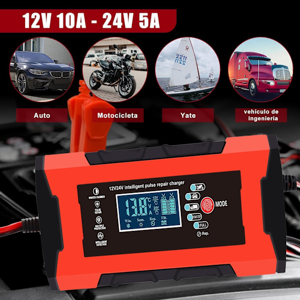 Batteriladdare, 10A 12V/24V 5A Multipel Skydd Batteriladdning, Intelligent LCD-Display, Laddar Automatiskt Motorcykel