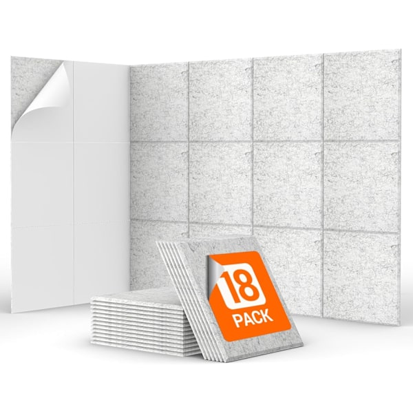 18-pack Självhäftande Akustikpaneler, 30x30x0,9cm Fyrkantiga, Högdensitets Termisk Isolering Akustikpaneler för Studio, Spelrum, Kontor, Grå Light Gray