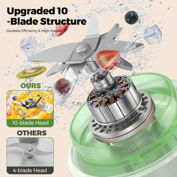 Blender och Mixer, Portabel Blender, Smoothies och Shakes, 10-Bladiga Rostfria Stålknivar med USB-Laddning, Aktiv Blender med Sugrör, Grön