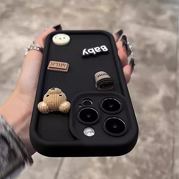 iPhone Skal, 3D Söt Kaffe Björn Kameralinsskydd Stötsäkert Skyddande Skal (iPhone 15 Pro Max, Svart) Black