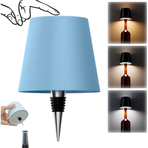 Trådlös Flasklampa, 3 Färgers Steglös Dimning Vinflasklampa, LED Uppladdningsbar Touchkontroll, för Sovrum, Restaurang, Bar (Blå) Blue
