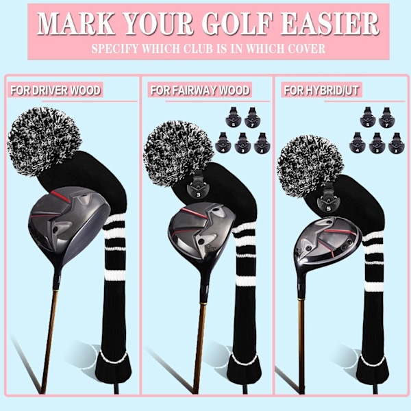 3-pack Pom Golf Head Covers för Woods 1 3 5 Driver Fairway Hybrider, med Nummeretikett, Stickade Golf Head Covers, Svart 135