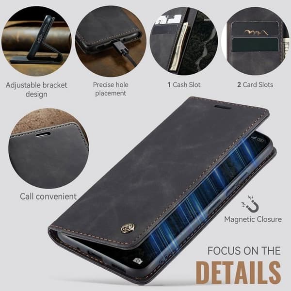 Etui til Xiaomi Redmi Note 14 4G, premium læder flip wallet etui med kortpladser og magnetisk lukning - Sort Redmi Note 14 Redmi Note 14 Black