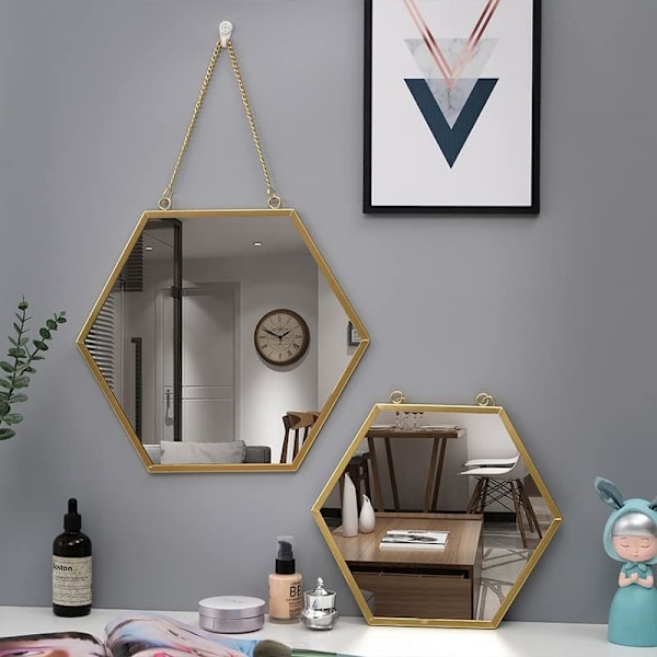 Hexagon Väggspegel Hängande Metallram Dekorativ Spegel med Kedja Sminkspegel för Badrum Vardagsrum Sovrum (L) Hexagonal Mirror
