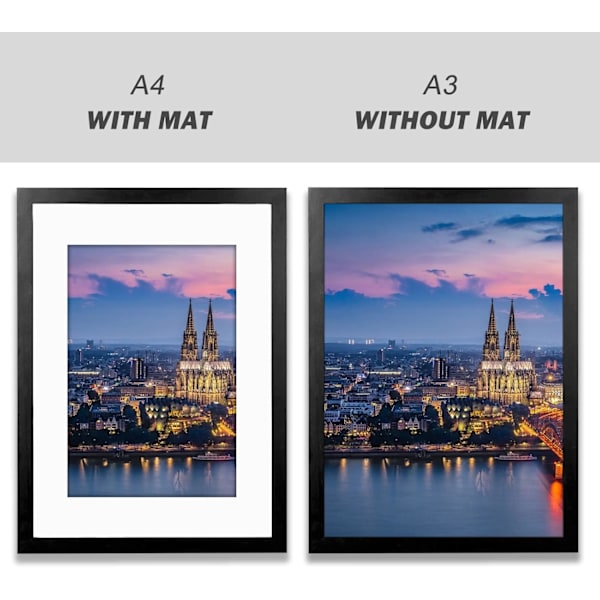 A3 Fotoram, A3 Ram med Plexiglas och Passepartout, Fotoramar endast för Väggmontering, Massivt Trä, Svart, 1-pack