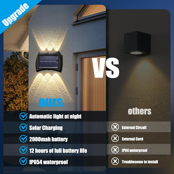 Solcellsvägglampor Utomhus, 4-pack 6 LED Solcellslampor, IP65 Vattentäta Upp och Ner Solcellslampor för Utomhus Staket Gård Uteplats, Varmvitt