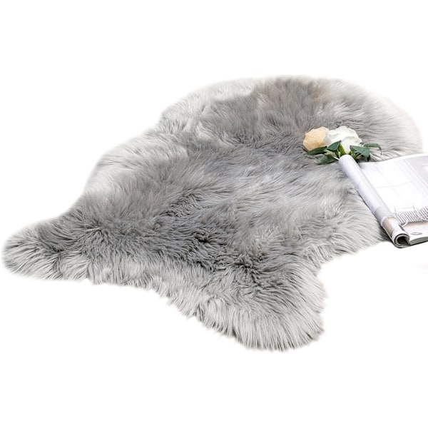 Fuskpäls Mattor, Fårskinnsmatta, Mjuk Luddig Matta för Sovrum Soffa Golv, 60 x 90 cm, Oregelbunden Form, Grå Light Gray