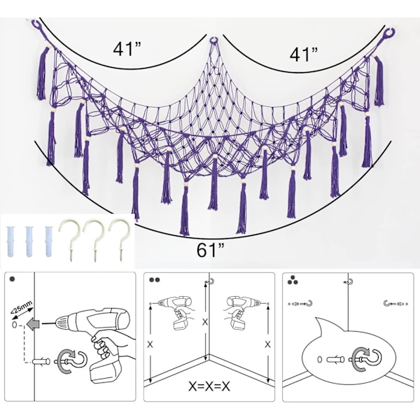 Stor Nät Hängmatta för Gosedjur med Tofs-Hörn, Hängande Nät för Gosedjurshållare, Boho Macrame Leksaksdisplay - Djup Lila Deep Purple