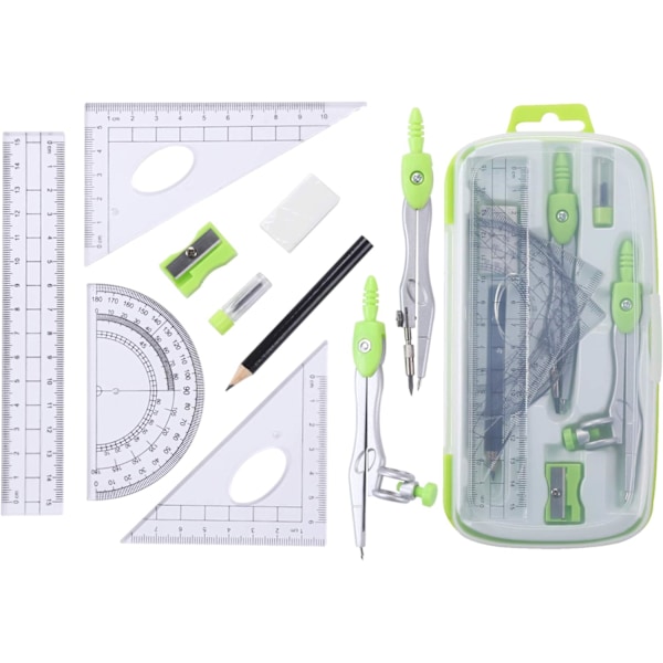 Matematik Geometri Set 10 Delars Elevmaterial med Splittersäker Förvaringslåda, Grön Green