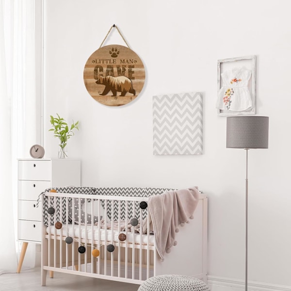 Liten Man Cave-skylt i trä för babyrumsinredning, rustik bondgårdsbjörn väggkonstdekor hängande dekor för barnrum (B) B