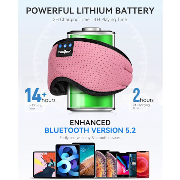 Bluetooth 5.2 Sömnhörlurar Ögonmask, Andningsbart Sovpannband med Trådlösa Hörlurar - Rosrosa Rose Pink