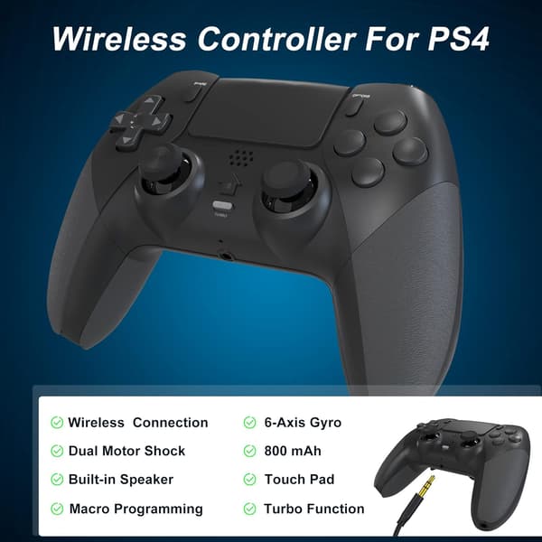 Gamepad Joystick Controller Kompatibel med PS4/Pro/Slim med Dobbelt Vibration/6-Akse Gyro Sensor/Turbo/Programmerbare Knapper (Sort) Black