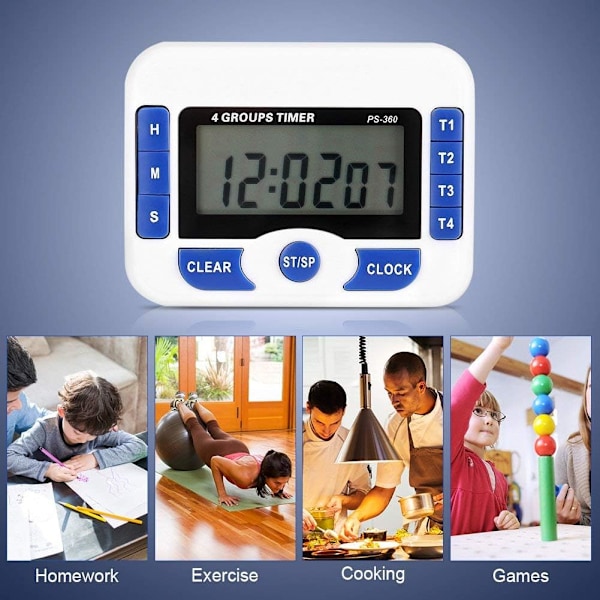 Nedräkningstimer, Multifunktionell 4-kanals Digital Köks Timer, med Digital Väckarklocka Funktion