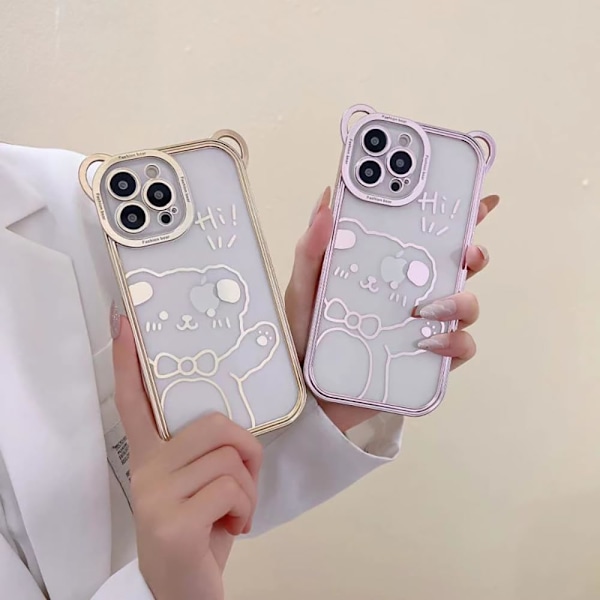 Pläterad Kant Tecknad Söt Björn Öra Transparent Mjukt Mobilskal Kompatibelt med iPhone Skal (Guld, iPhone 15 Pro Max) Gold