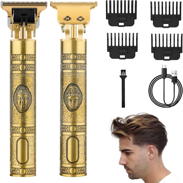 Hårklippare för män 4-delars Limited Edition-kam, elektrisk skäggtrimmer med vattentätt T-blad, USB-laddare (Guld)