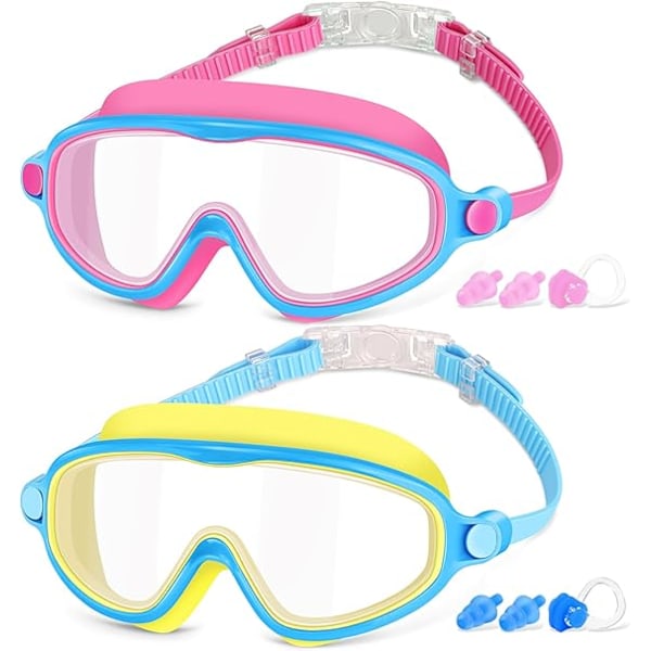 2-pack simglasögon för barn i åldern 3-16 år, Anti-im, Vattentäta, UV-skyddande linser, Kristallklar bred sikt, Rosa/Blå+Gul