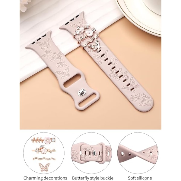 Blommig Graverad Bandringar Öglor Kompatibla med Band 40mm 38mm 41mm, -Rosa sand/Gyllene fjärilsringar (band ingår ej) Pink