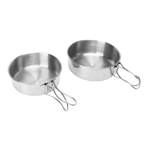Bærbar skål i rustfrit stål med foldbart håndtag til camping og madlavning.