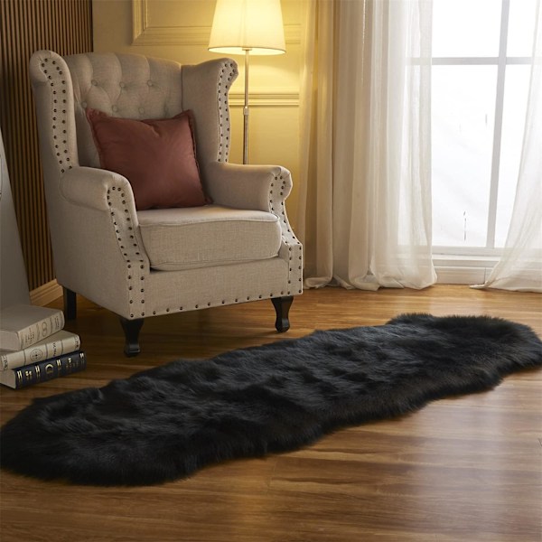 Fuskpälsfårskinnsmatta, Heminredningsmatta för sovrum, Fluffig liten pälsmatta, Luddig ryamatta för vardagsrum, 0,6 x 1,8 meter, Svart black