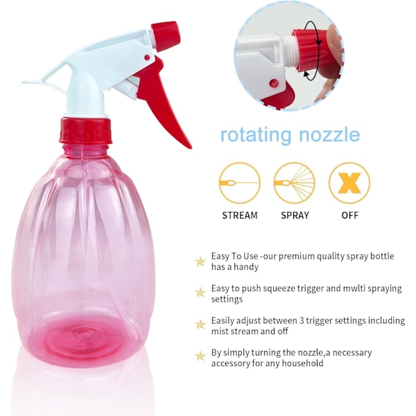 Färgglada och transparenta 500 ml sprayflaskor i flera delar, återanvändbar tom sprayflaska med avtryckare, sprayflaska med 2 inställningar