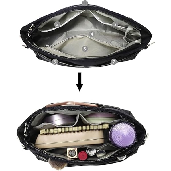 Expanderbar Handväska Organizer i Nylon Handväska Insats Väska i Väska Tote Organizer Väska (M, Svart) black
