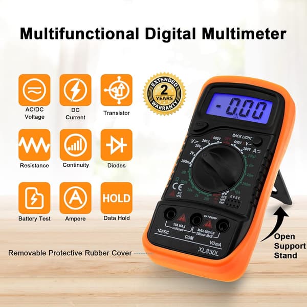 Digital Multimeter Voltmeter, Batterispændings Multi Tester, AC DC Volt OHM Amp Strømmåler, Elektrisk Tester med Testledninger Baggrundsbelyst LCD-display