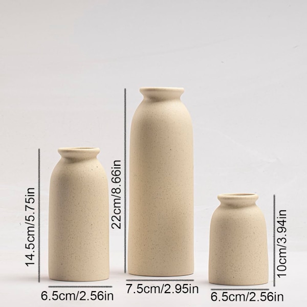 Set med 3, små beige keramiska vaser för heminredning och bordsdekorationer, rustik bondgårdsstil Beige