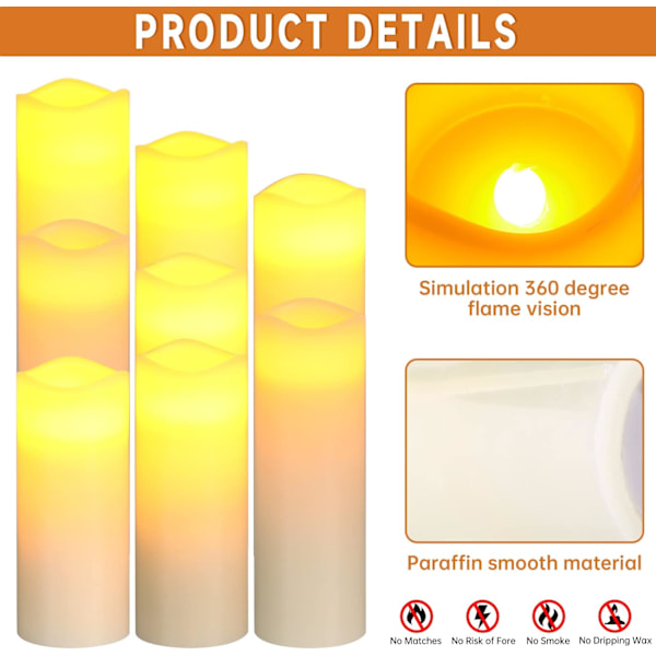 Flamlösa LED-ljus Batteri 9-delars set (1-H 22cm, 1-H20cm, 1-H18cm, 2-H16cm, 2-H14cm, 2-H13cm) med fjärrkontroll [A+++ Energieffektivitetsklass]