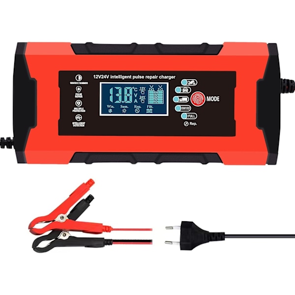 Batteriladdare, 10A 12V/24V 5A Multipel Skydd Batteriladdning, Intelligent LCD-Display, Laddar Automatiskt Motorcykel