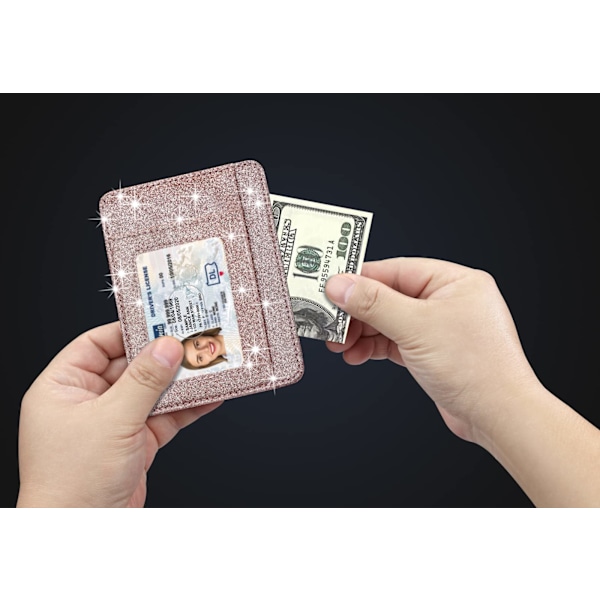 Korthållare Plånbok Ficka Fram Minimalistiskt Läder Med RFID-skydd Korthållare Plånbok för Män & Kvinnor-A 1 Glitter Ros Rose