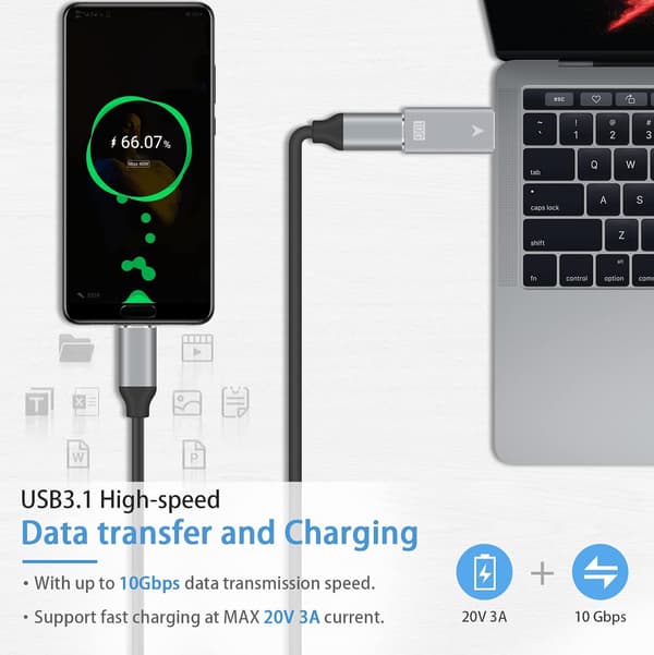 USB-sovitin, USB C Naaras - USB Uros -sovitin, 10 Gbps USB C -sisääntulo - 5 Gbps USB 3.0 A -ulostulo -sovitin tyypin A kaapeliliittimen laturille ja datan synkronointiin