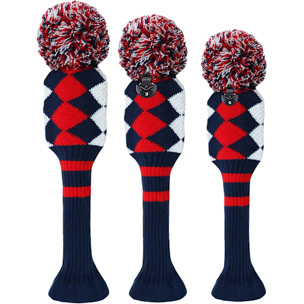 3-pack Pom Golf Head Covers för Woods 1 3 5 Driver Fairway Hybrider, med Nummeretikett, Stickade Golf Head Covers, Röd 135