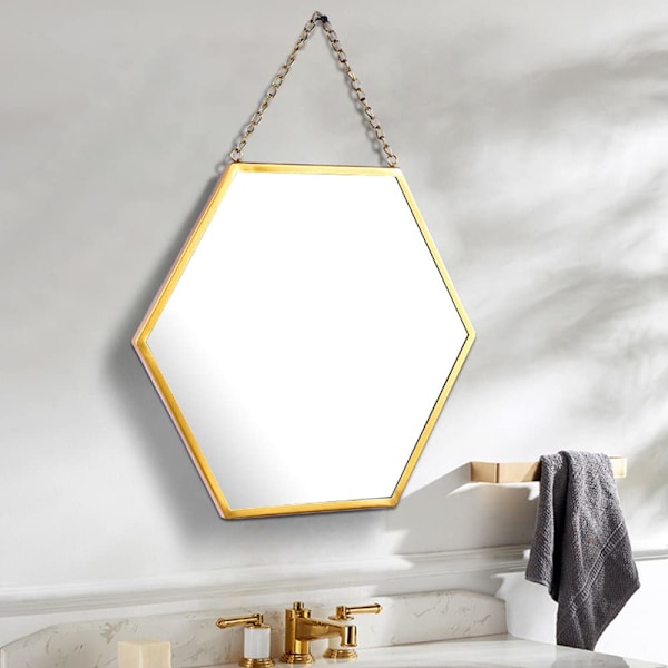 Hexagon Väggspegel Hängande Metallram Dekorativ Spegel med Kedja Sminkspegel för Badrum Vardagsrum Sovrum (L) Hexagonal Mirror