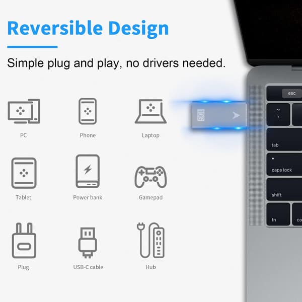 USB-sovitin, USB C Naaras - USB Uros -sovitin, 10 Gbps USB C -sisääntulo - 5 Gbps USB 3.0 A -ulostulo -sovitin tyypin A kaapeliliittimen laturille ja datan synkronointiin