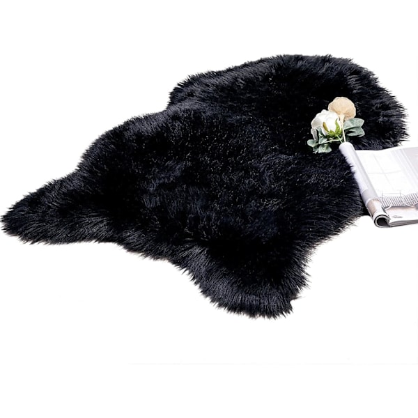 Fuskpäls Mattor, Fårskinnsmatta, Mjuk Luddig Matta för Sovrum Soffa Golv, 60 x 90 cm, Oregelbunden Form, Svart black