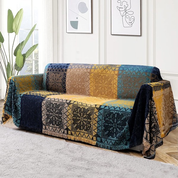 Bohemisk Bomullssofföverdrag för Soffor Tvättbara Sektionssofföverdrag (180 x 300 cm, X-Large, Gul Marinblå) Yellow Navy