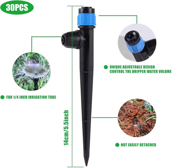 30 drypper pr. pakke, med låsesystem og 8-hullers diffuser, justerbar forbindelse, velegnet til havevandingssystemer, blå.