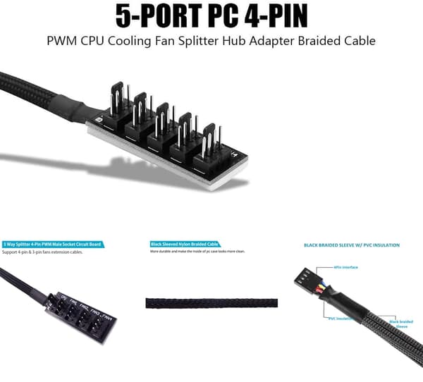 4-pin PWM-blæserhub, 4-pin stik til CPU-blæser PC-blæserhub, 4 PIN PWM-blæsersplitterkabel, velegnet til computer PC-blæserkabel