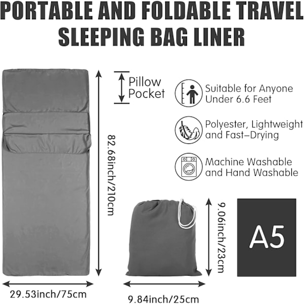 Lakan Reselakan Sovsäckslakan, 75 x 210 cm Portabelt Polyester Sovsäckslakan för Resor Vandrarhem, Grå Original Gray 75*210cm