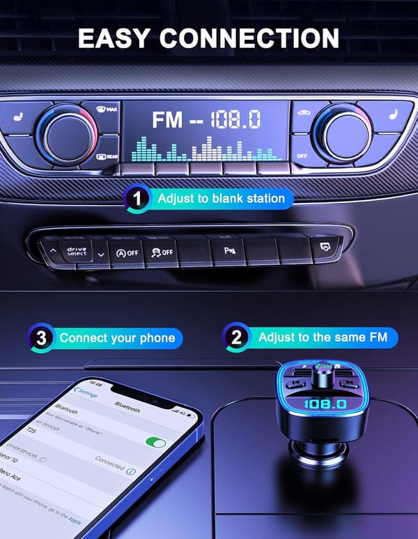 Bil Bluetooth 5.0 FM-sender, Blåt Ambient Lys Bluetooth Biladapter, Dobbelte USB-porte 5V 2.4A og 1A, Understøtter SD-kort USB-flashdrev