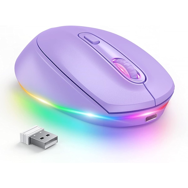 Uppladdningsbar trådlös mus med ljus för laptop, liten mus med tyst klick och regnbågs LED-lampor, Lila purple