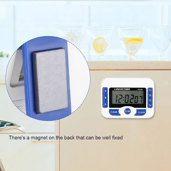 Nedräkningstimer, Multifunktionell 4-kanals Digital Köks Timer, med Digital Väckarklocka Funktion