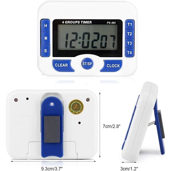 Nedräkningstimer, Multifunktionell 4-kanals Digital Köks Timer, med Digital Väckarklocka Funktion