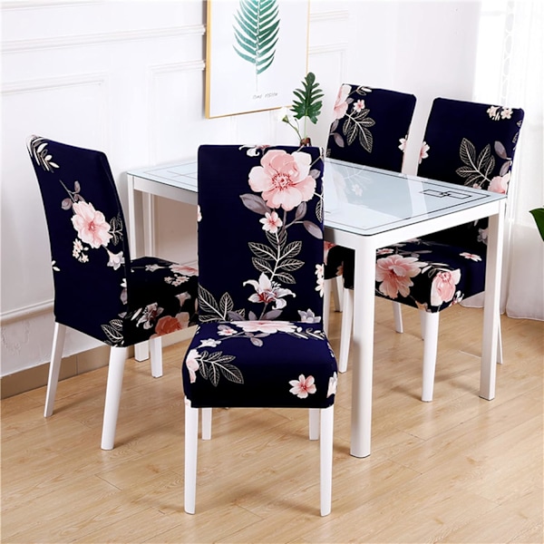 Stretchiga stolsöverdrag för matstolar, stolsöverdrag, stolskydd (Set om 4, Blommor Blå)