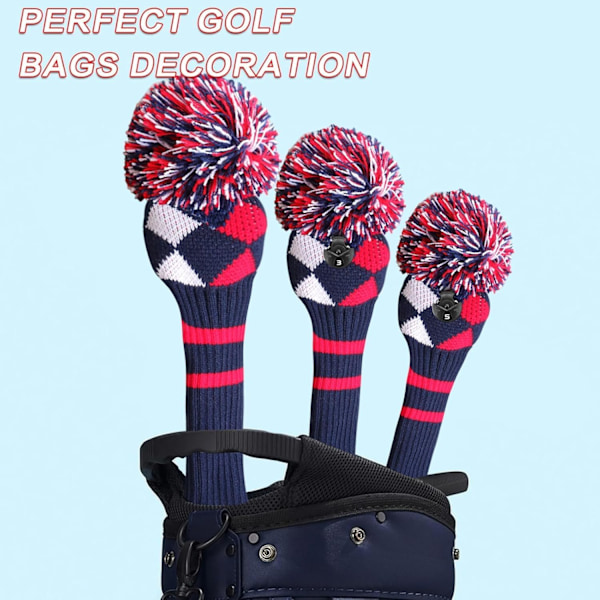 3-pack Pom Golf Head Covers för Woods 1 3 5 Driver Fairway Hybrider, med Nummeretikett, Stickade Golf Head Covers, Röd 135
